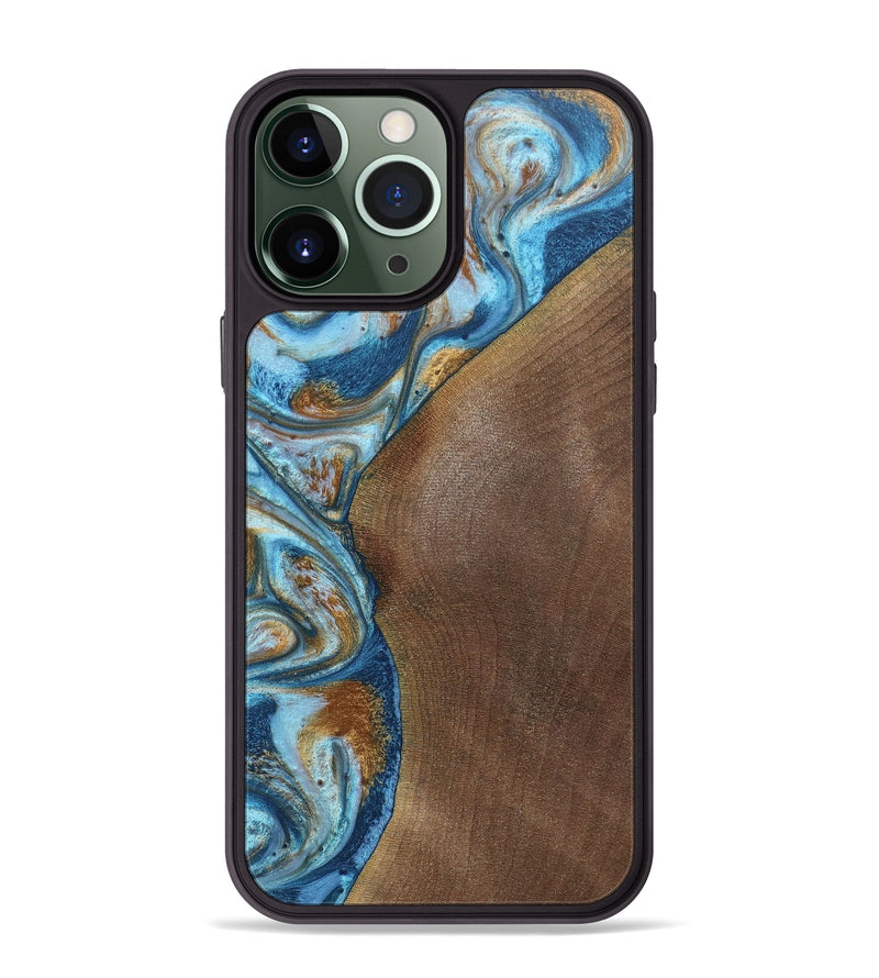 iPhone 13 Pro Max Wood+Resin Phone Case - Lance (Teal & Gold, 688928)