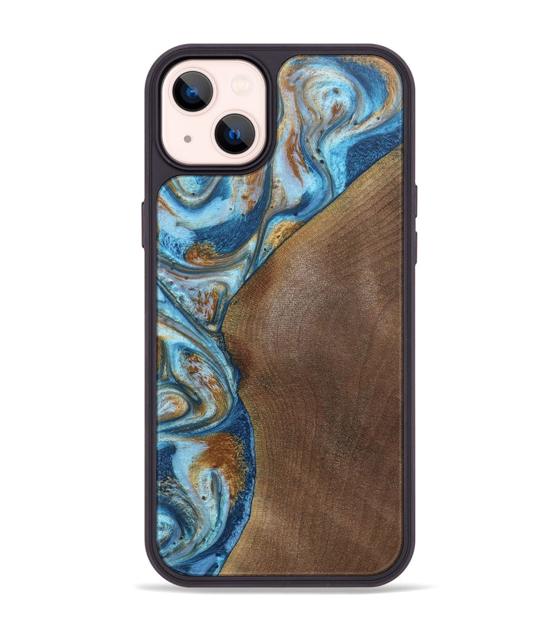 iPhone 14 Plus Wood+Resin Phone Case - Lance (Teal & Gold, 688928)