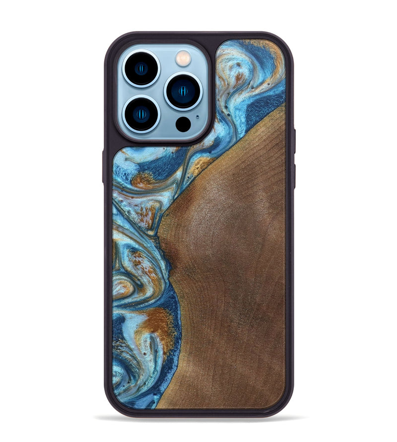 iPhone 14 Pro Max Wood+Resin Phone Case - Lance (Teal & Gold, 688928)