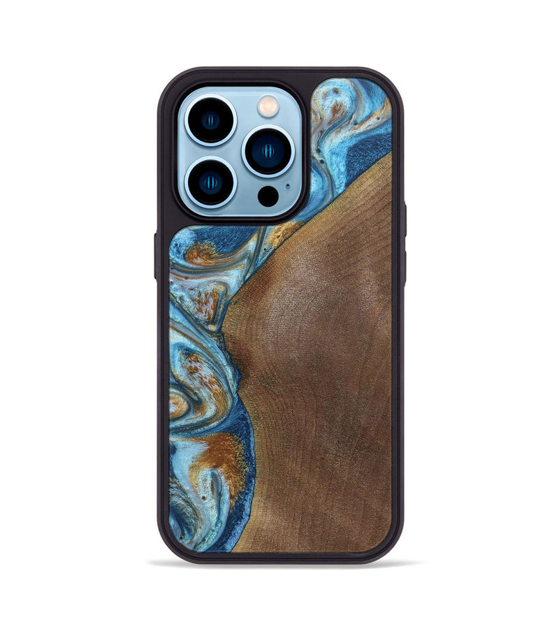 iPhone 14 Pro Wood+Resin Phone Case - Lance (Teal & Gold, 688928)