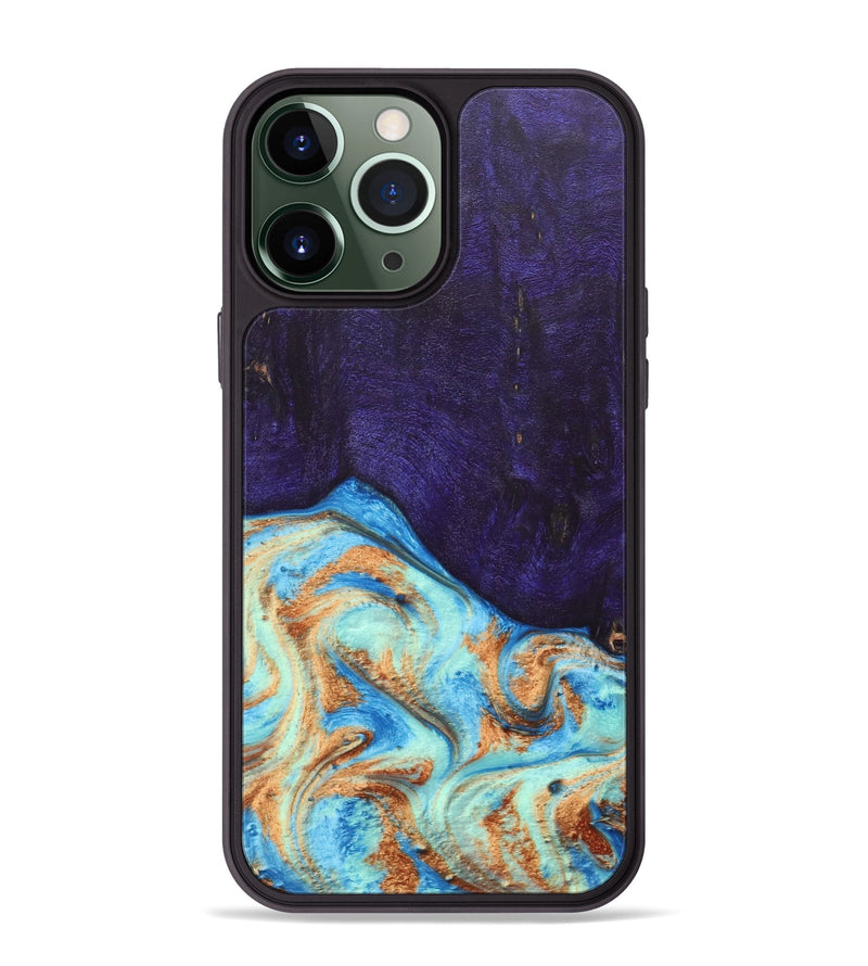 iPhone 13 Pro Max Wood+Resin Phone Case - Roosevelt (Teal & Gold, 688930)