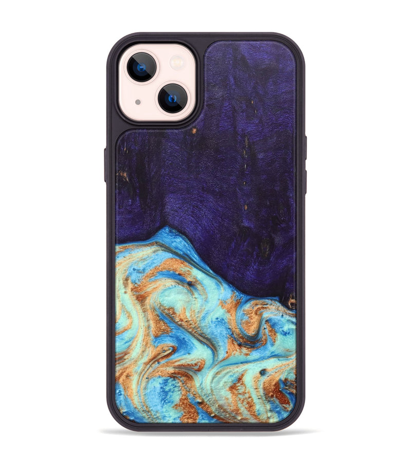 iPhone 14 Plus Wood+Resin Phone Case - Roosevelt (Teal & Gold, 688930)