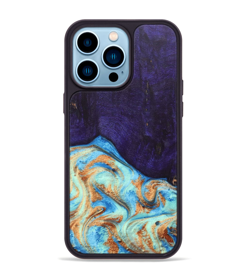 iPhone 14 Pro Max Wood+Resin Phone Case - Roosevelt (Teal & Gold, 688930)