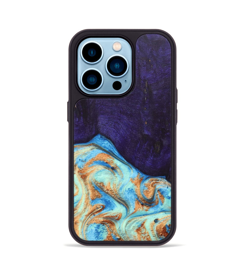 iPhone 14 Pro Wood+Resin Phone Case - Roosevelt (Teal & Gold, 688930)