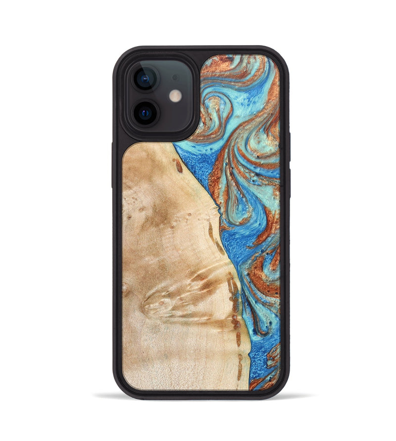 iPhone 12 Wood+Resin Phone Case - Malik (Teal & Gold, 688933)