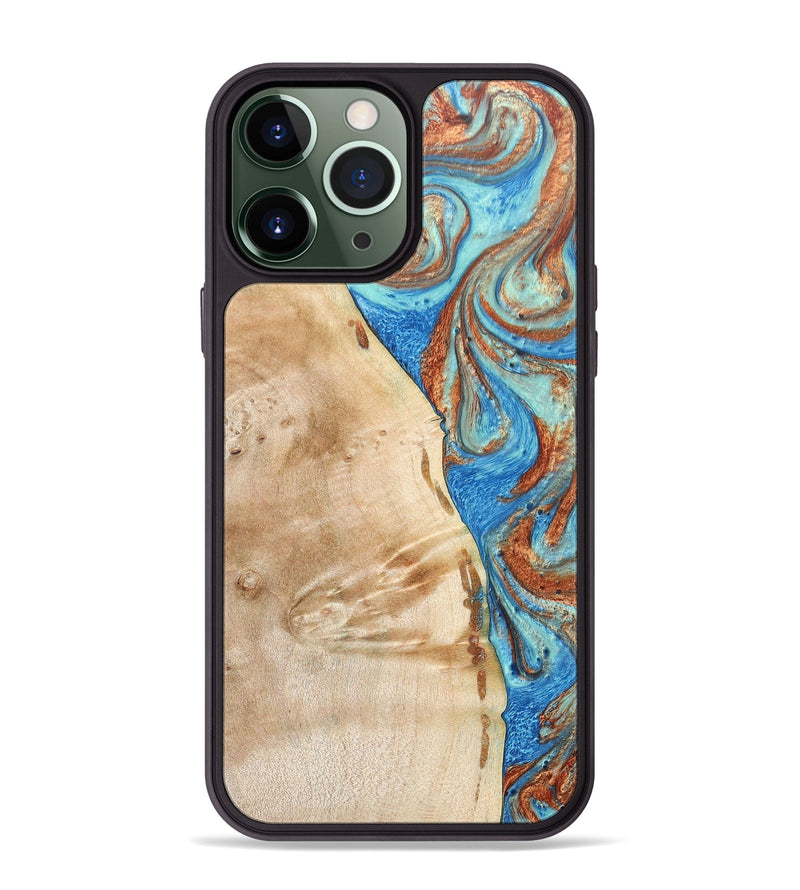 iPhone 13 Pro Max Wood+Resin Phone Case - Malik (Teal & Gold, 688933)