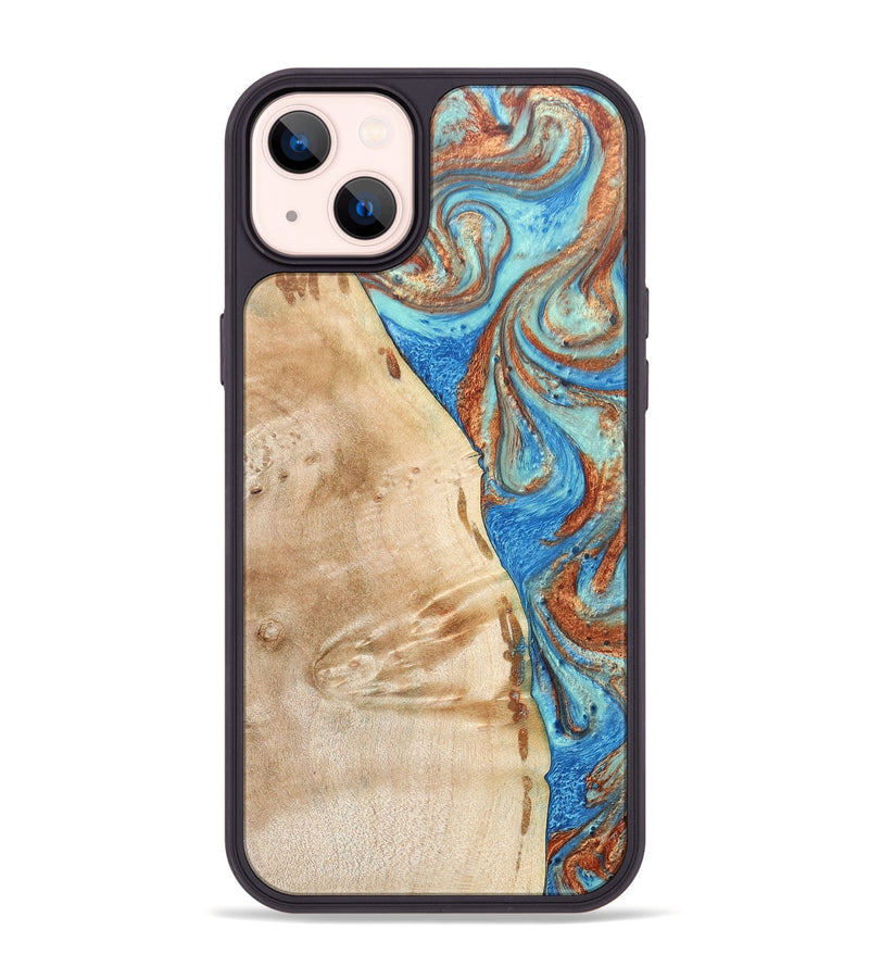 iPhone 14 Plus Wood+Resin Phone Case - Malik (Teal & Gold, 688933)