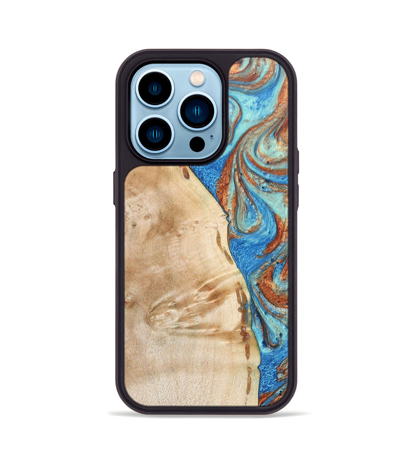 iPhone 14 Pro Wood+Resin Phone Case - Malik (Teal & Gold, 688933)