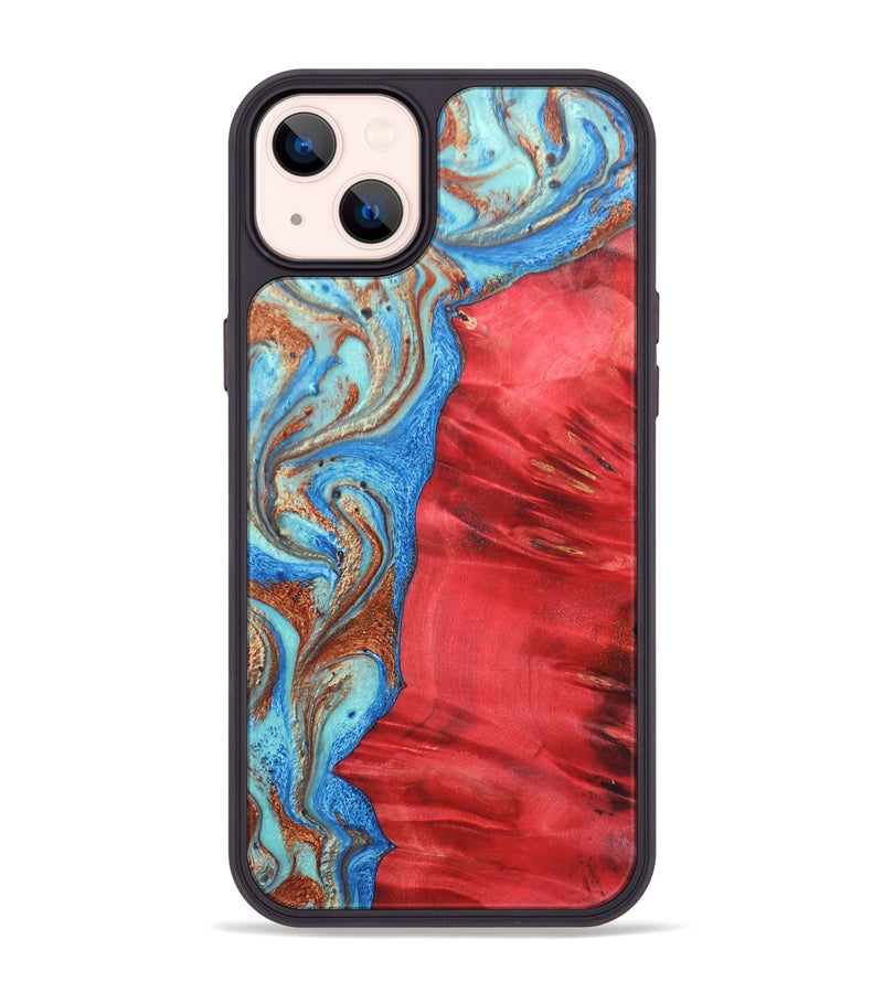 iPhone 14 Plus Wood+Resin Phone Case - Luca (Teal & Gold, 688934)