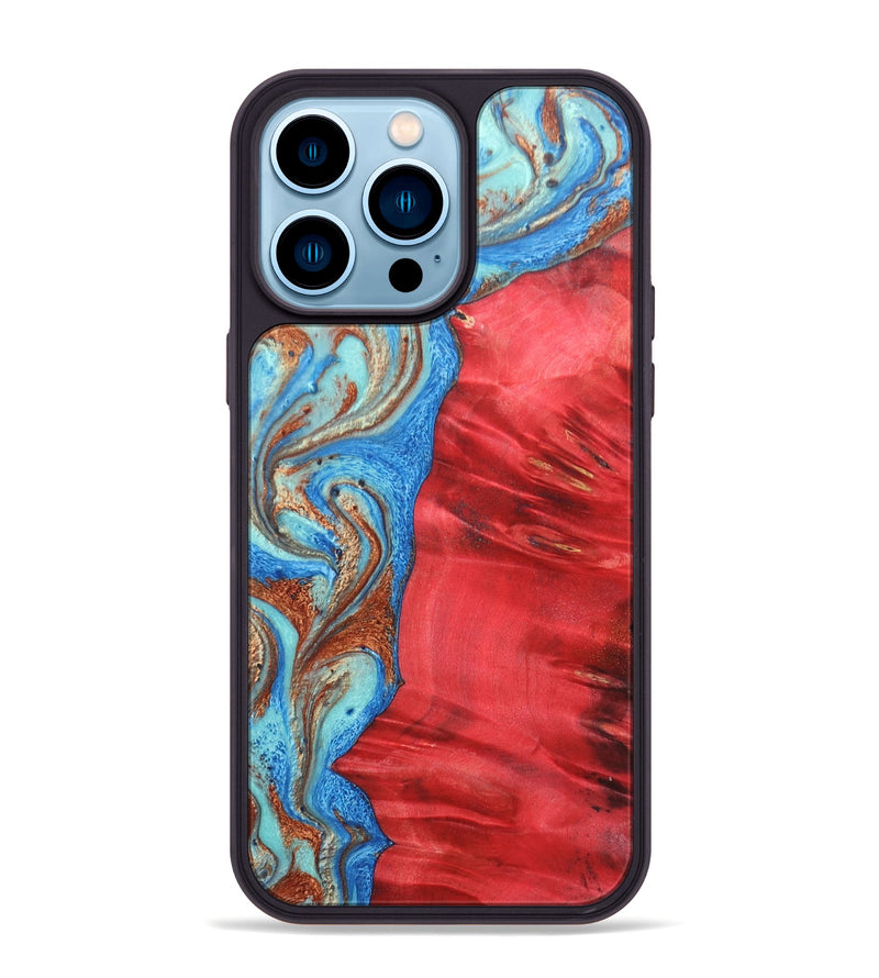 iPhone 14 Pro Max Wood+Resin Phone Case - Luca (Teal & Gold, 688934)