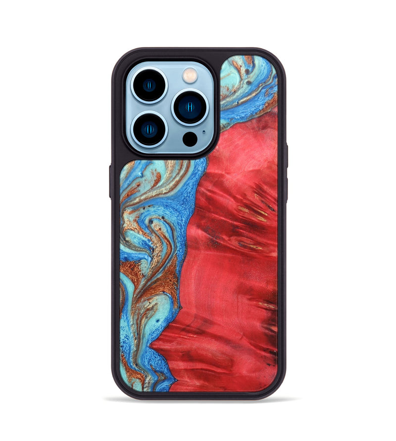 iPhone 14 Pro Wood+Resin Phone Case - Luca (Teal & Gold, 688934)