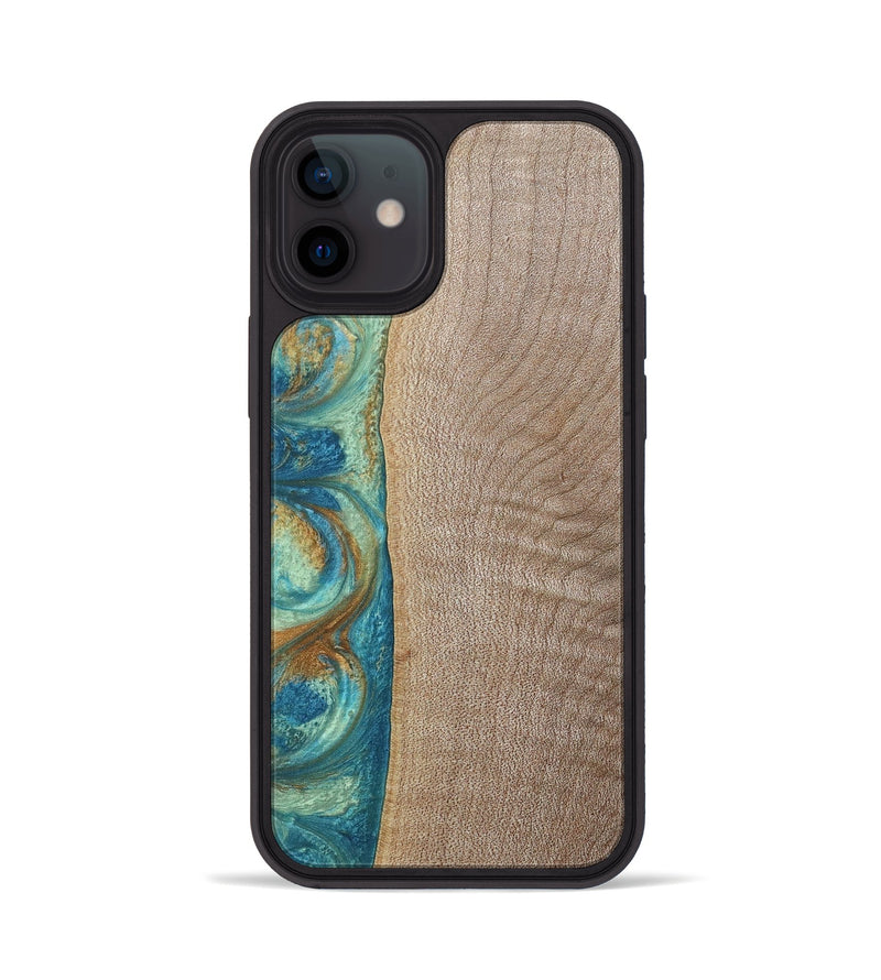iPhone 12 Wood+Resin Phone Case - Jared (Teal & Gold, 689810)