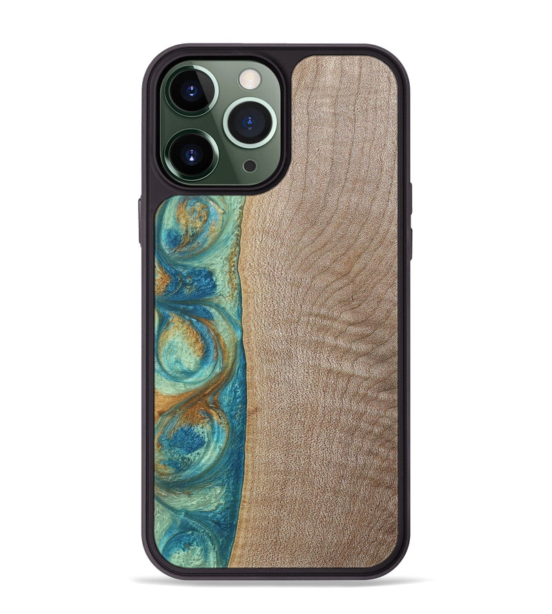 iPhone 13 Pro Max Wood+Resin Phone Case - Jared (Teal & Gold, 689810)
