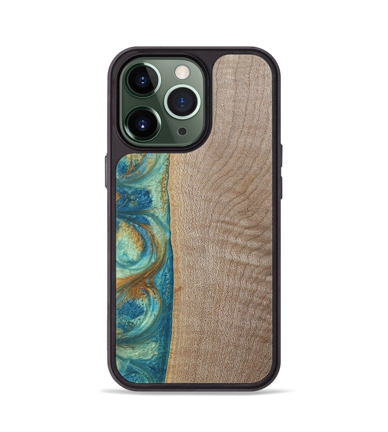 iPhone 13 Pro Wood+Resin Phone Case - Jared (Teal & Gold, 689810)