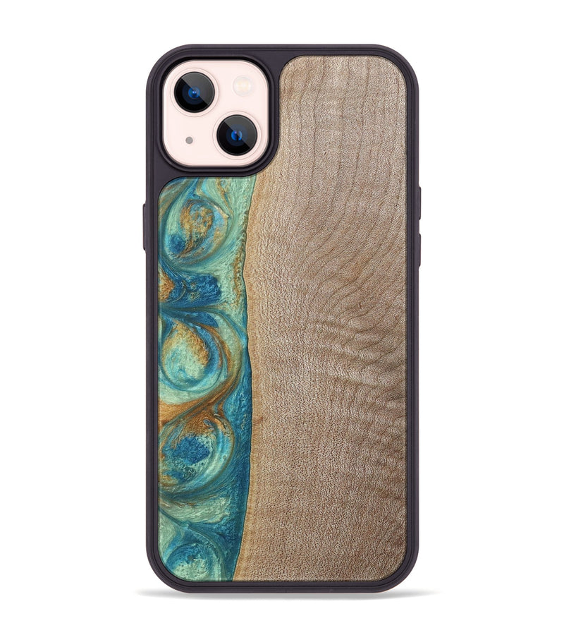 iPhone 14 Plus Wood+Resin Phone Case - Jared (Teal & Gold, 689810)