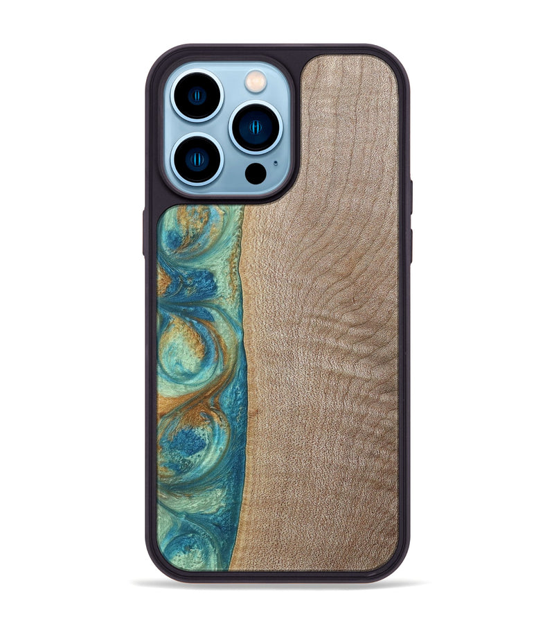 iPhone 14 Pro Max Wood+Resin Phone Case - Jared (Teal & Gold, 689810)