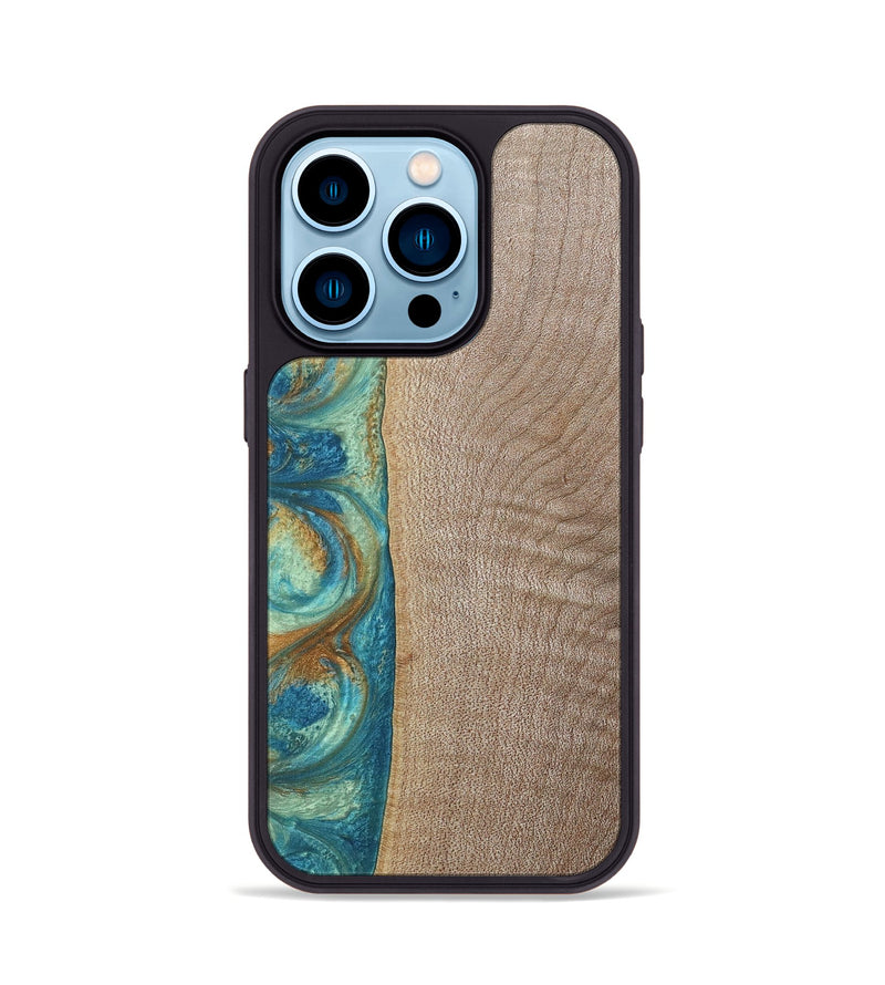 iPhone 14 Pro Wood+Resin Phone Case - Jared (Teal & Gold, 689810)