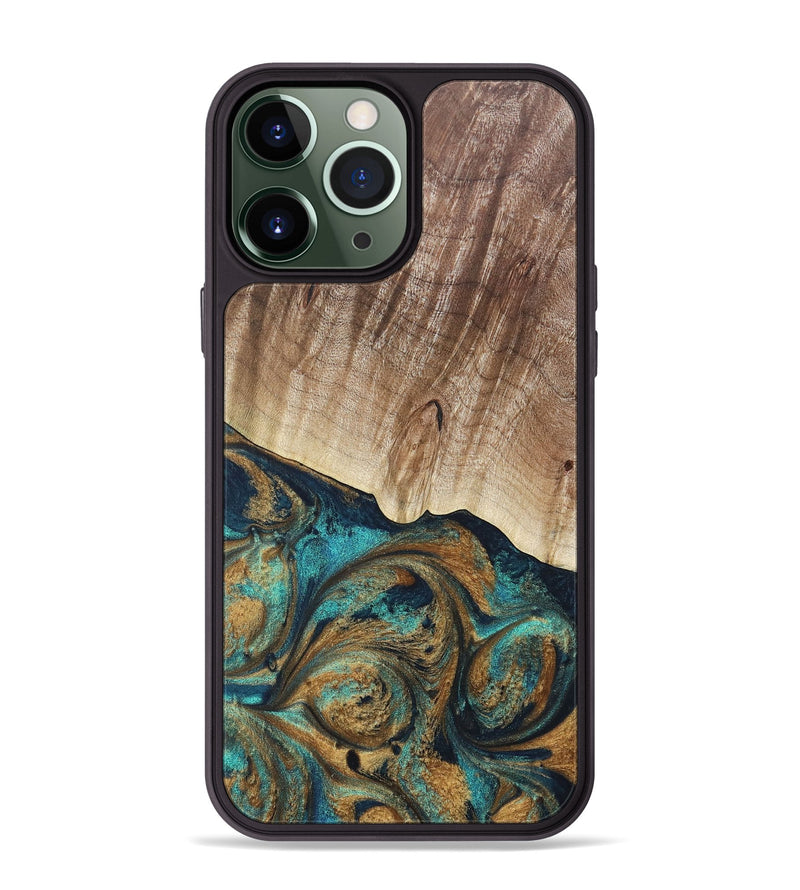 iPhone 13 Pro Max Wood+Resin Phone Case - Ari (Teal & Gold, 689822)