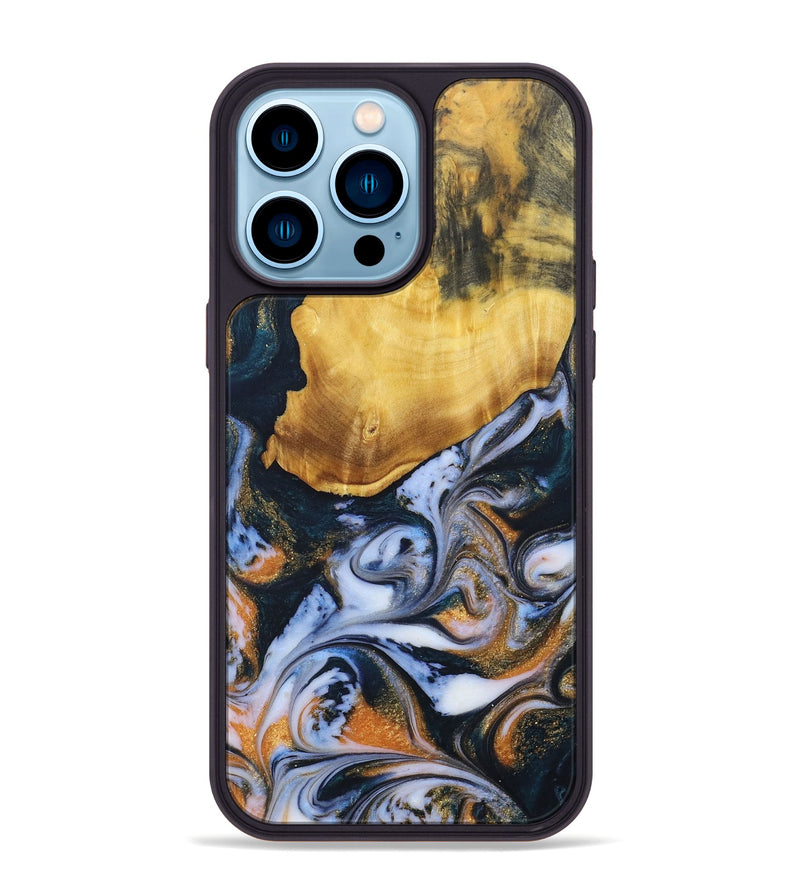 iPhone 14 Pro Max Wood+Resin Phone Case - Rudolph (Teal & Gold, 690354)