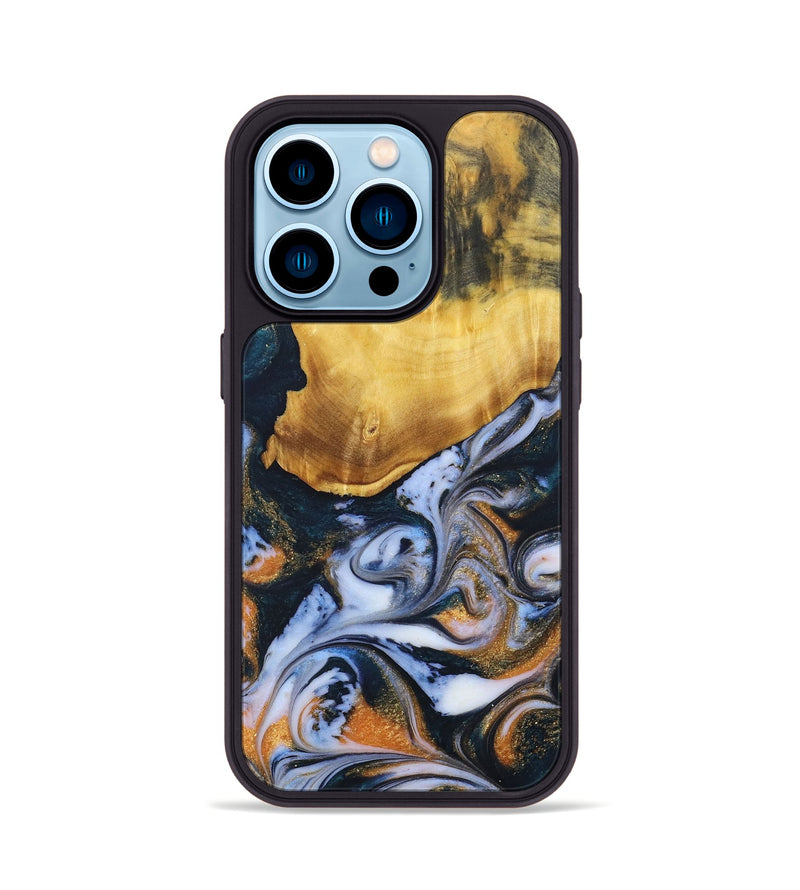 iPhone 14 Pro Wood+Resin Phone Case - Rudolph (Teal & Gold, 690354)