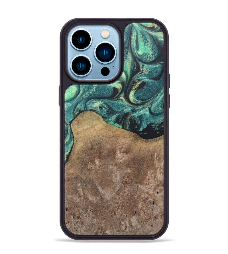 iPhone 14 Pro Max Wood+Resin Phone Case - Molly (Green, 690407)
