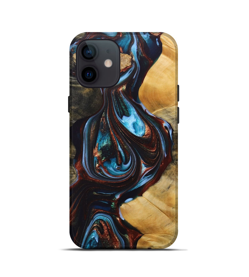 iPhone 12 mini Wood+Resin Live Edge Phone Case - Addilyn (Teal & Gold, 690721)