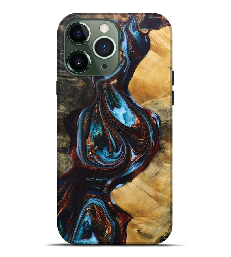 iPhone 13 Pro Max Wood+Resin Live Edge Phone Case - Addilyn (Teal & Gold, 690721)