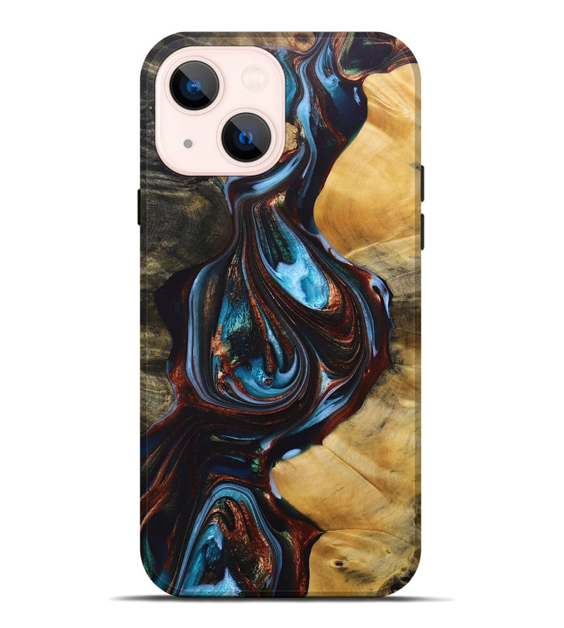 iPhone 14 Plus Wood+Resin Live Edge Phone Case - Addilyn (Teal & Gold, 690721)