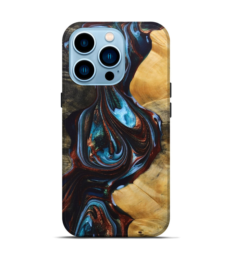 iPhone 14 Pro Wood+Resin Live Edge Phone Case - Addilyn (Teal & Gold, 690721)