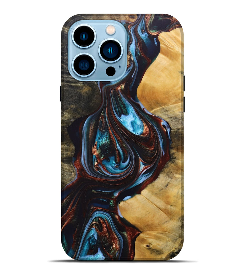 iPhone 14 Pro Max Wood+Resin Live Edge Phone Case - Addilyn (Teal & Gold, 690721)