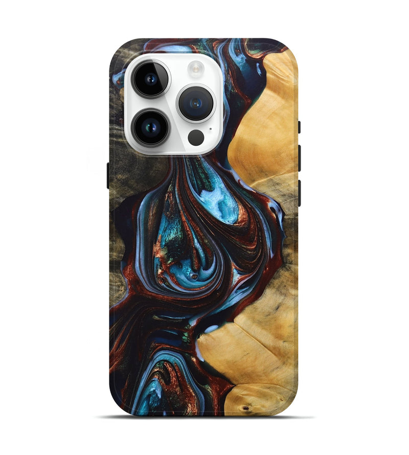 iPhone 15 Pro Wood+Resin Live Edge Phone Case - Addilyn (Teal & Gold, 690721)