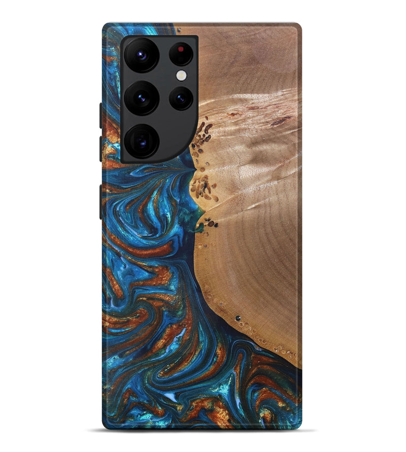 Galaxy S22 Ultra Wood+Resin Live Edge Phone Case - Edwin (Teal & Gold, 691011)