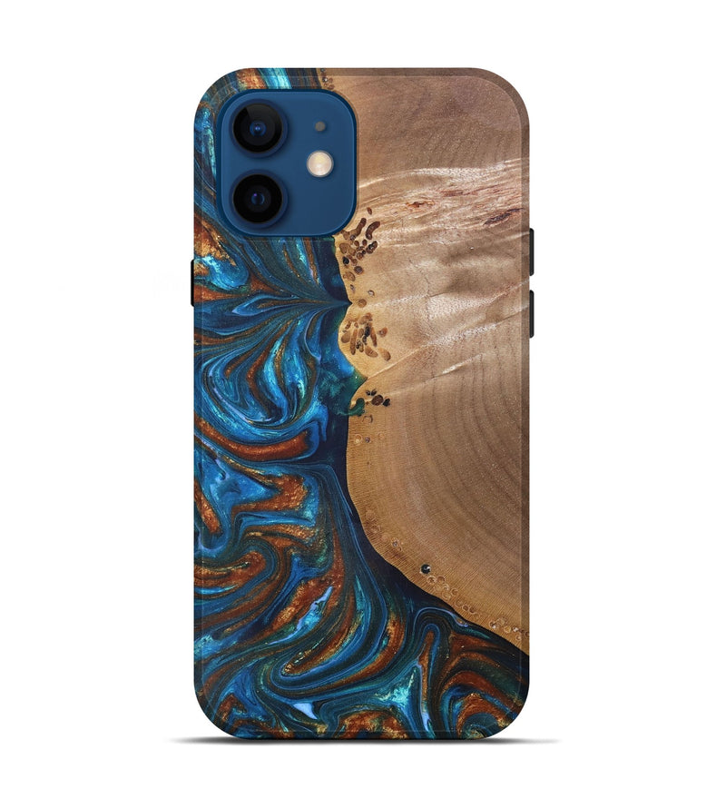 iPhone 12 Wood+Resin Live Edge Phone Case - Edwin (Teal & Gold, 691011)