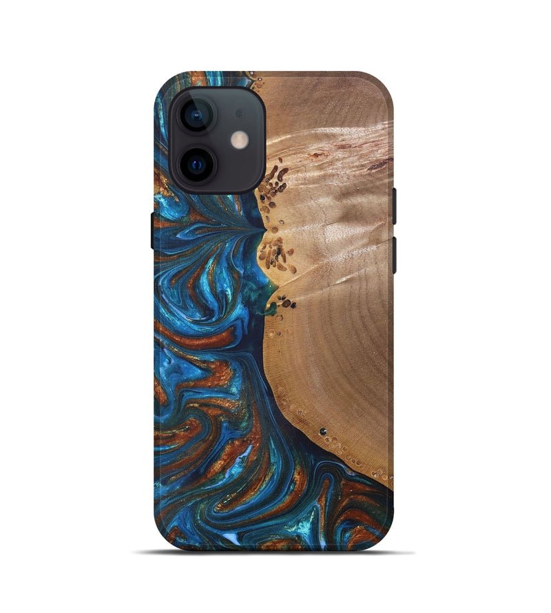 iPhone 12 mini Wood+Resin Live Edge Phone Case - Edwin (Teal & Gold, 691011)