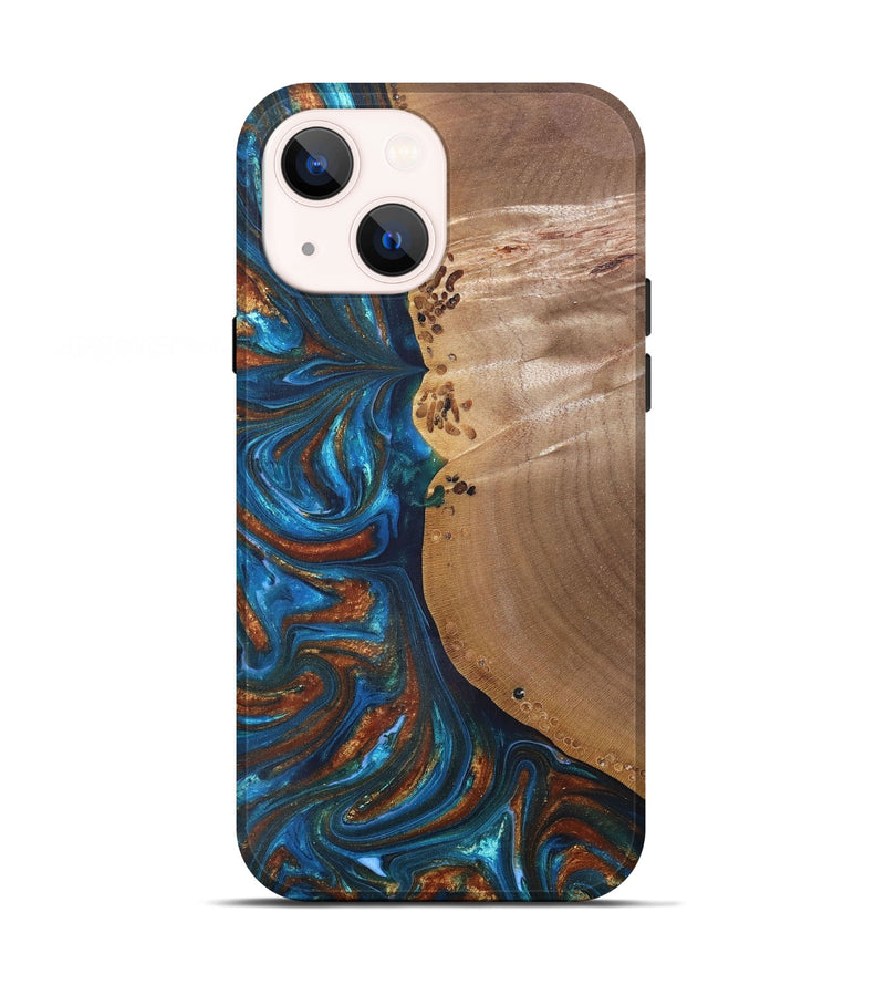 iPhone 13 Wood+Resin Live Edge Phone Case - Edwin (Teal & Gold, 691011)