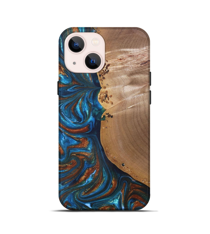iPhone 13 mini Wood+Resin Live Edge Phone Case - Edwin (Teal & Gold, 691011)