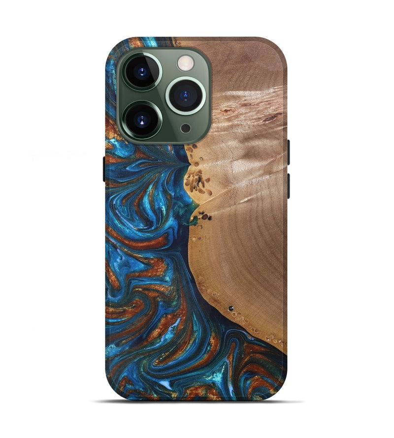 iPhone 13 Pro Wood+Resin Live Edge Phone Case - Edwin (Teal & Gold, 691011)