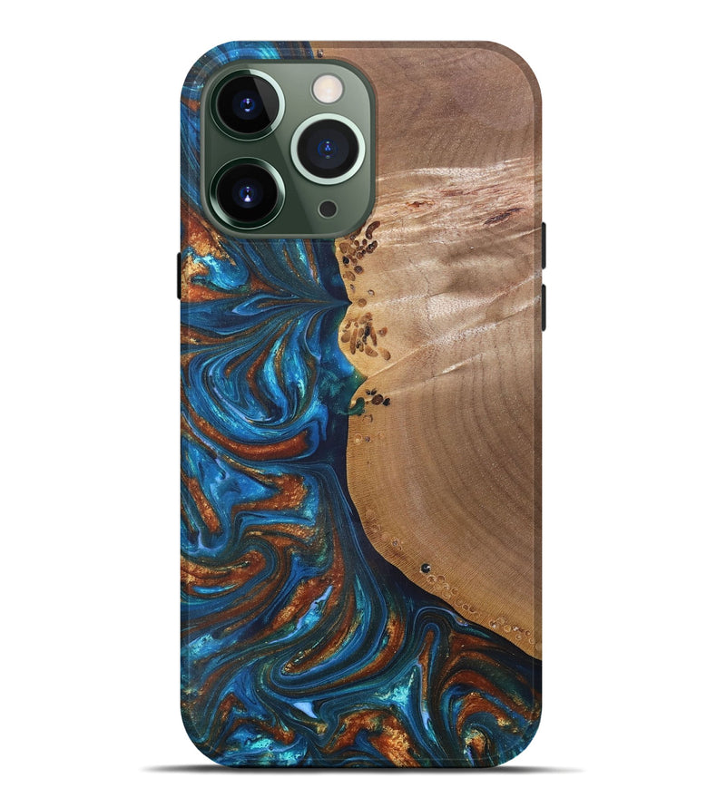 iPhone 13 Pro Max Wood+Resin Live Edge Phone Case - Edwin (Teal & Gold, 691011)