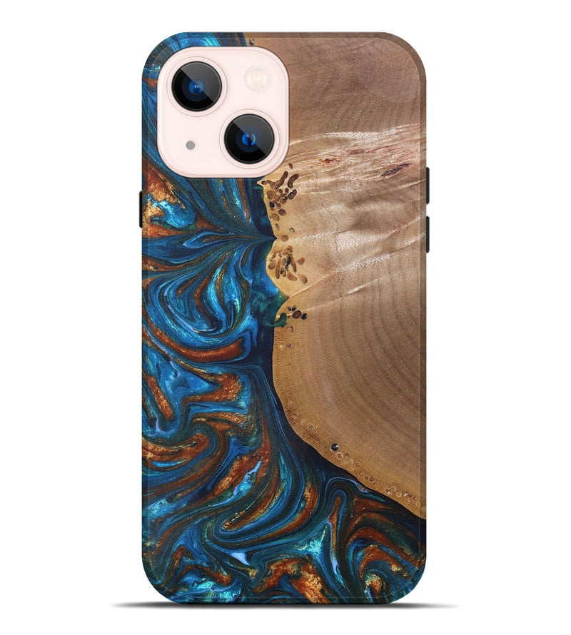 iPhone 14 Plus Wood+Resin Live Edge Phone Case - Edwin (Teal & Gold, 691011)