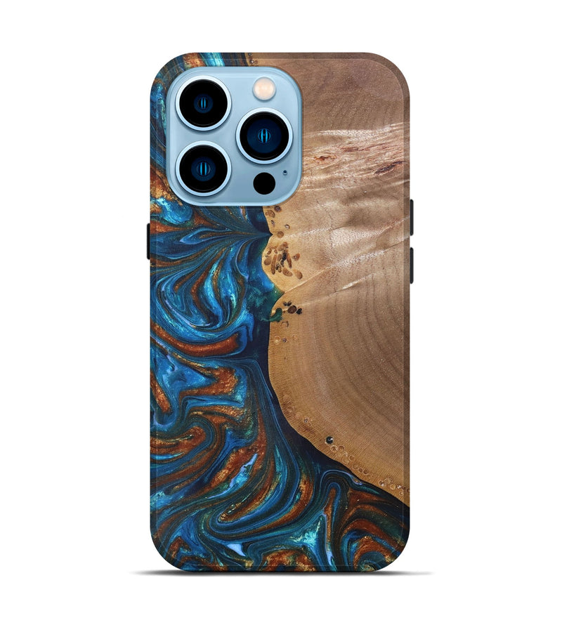 iPhone 14 Pro Wood+Resin Live Edge Phone Case - Edwin (Teal & Gold, 691011)