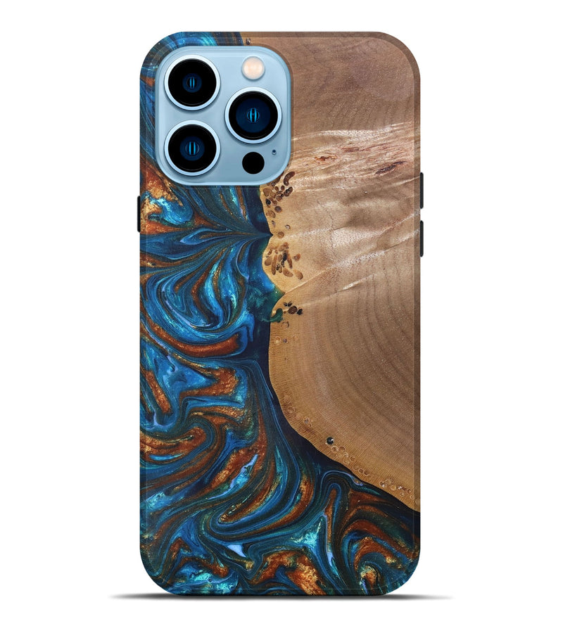 iPhone 14 Pro Max Wood+Resin Live Edge Phone Case - Edwin (Teal & Gold, 691011)