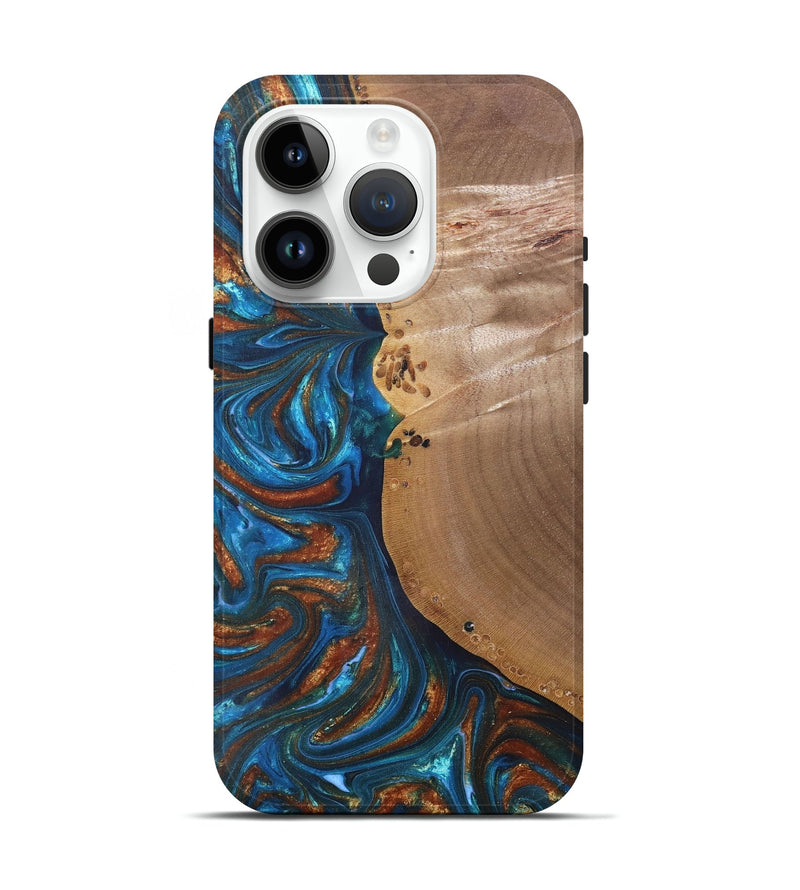 iPhone 15 Pro Wood+Resin Live Edge Phone Case - Edwin (Teal & Gold, 691011)
