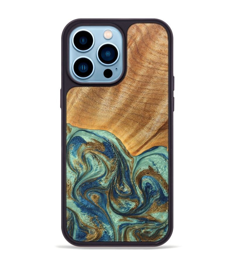 iPhone 14 Pro Max Wood+Resin Phone Case - Antoinette (Teal & Gold, 691554)