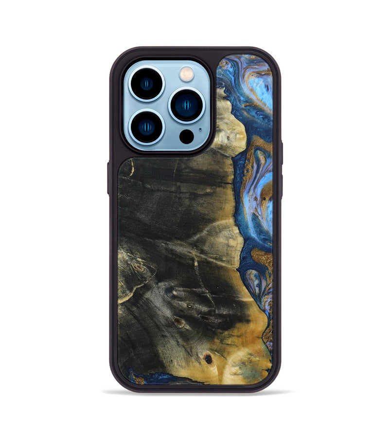 iPhone 14 Pro Wood+Resin Phone Case - Lynda (Teal & Gold, 691564)