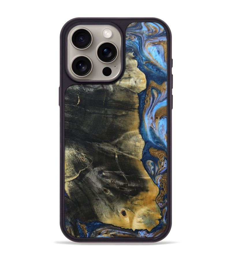 iPhone 15 Pro Max Wood+Resin Phone Case - Lynda (Teal & Gold, 691564)