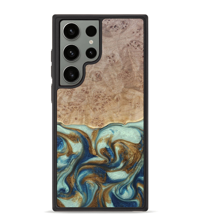 Galaxy S23 Ultra Wood+Resin Phone Case - Brandy (Teal & Gold, 691566)