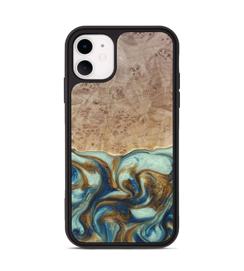 iPhone 11 Wood+Resin Phone Case - Brandy (Teal & Gold, 691566)
