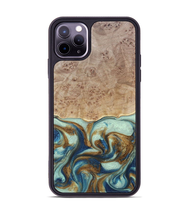 iPhone 11 Pro Max Wood+Resin Phone Case - Brandy (Teal & Gold, 691566)
