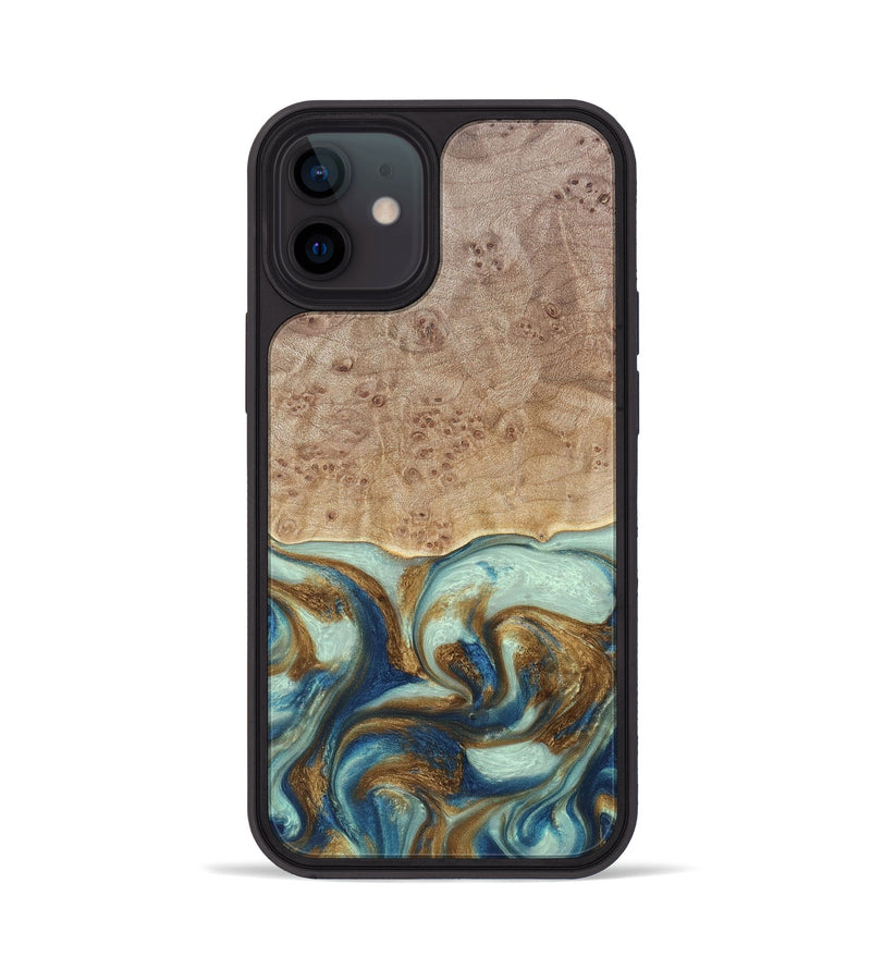 iPhone 12 Wood+Resin Phone Case - Brandy (Teal & Gold, 691566)
