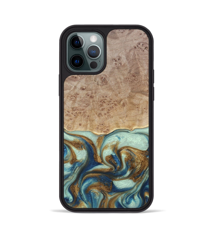 iPhone 12 Pro Wood+Resin Phone Case - Brandy (Teal & Gold, 691566)
